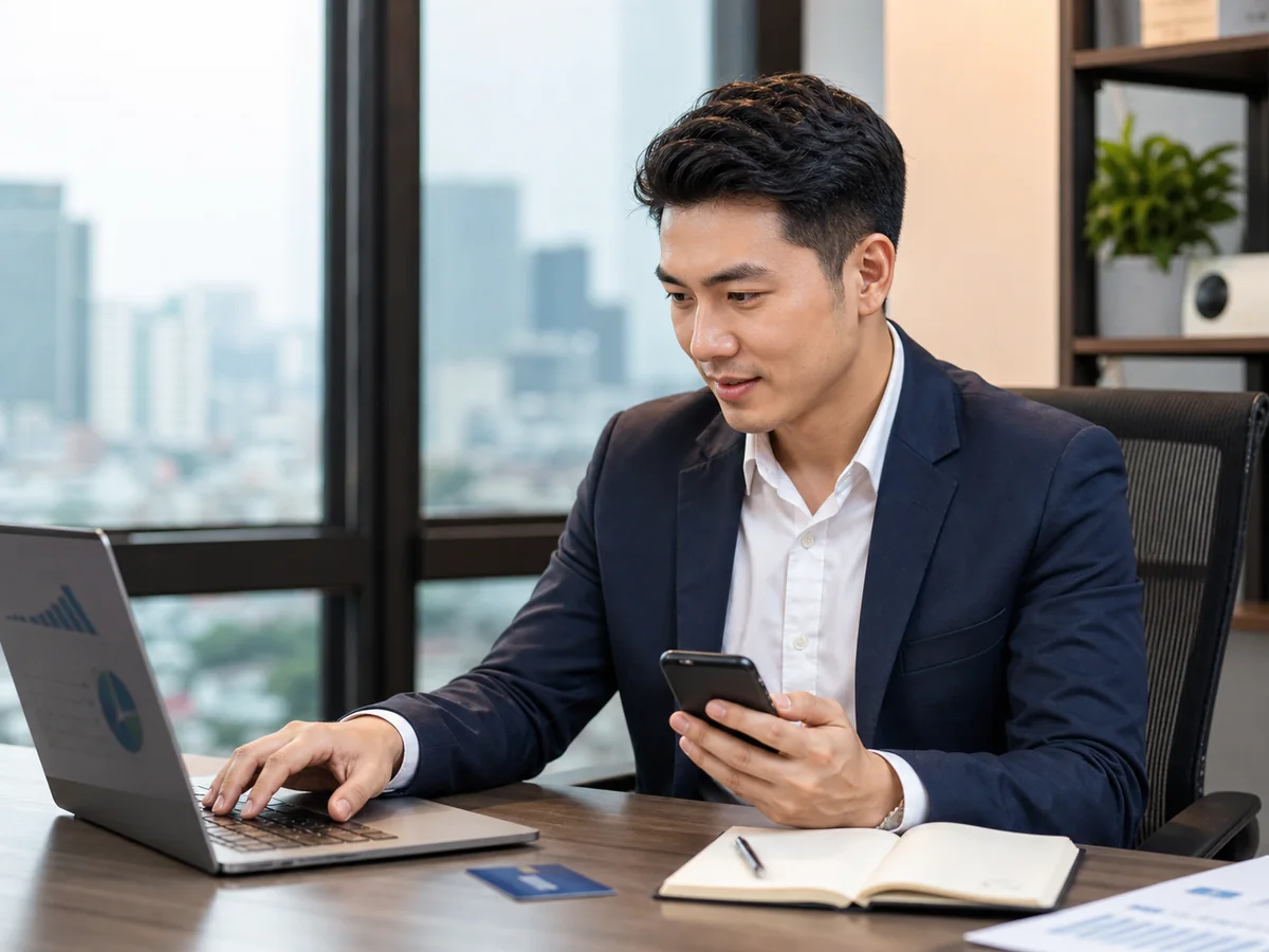 Chuyên viên Việt Nam làm việc với laptop và điện thoại