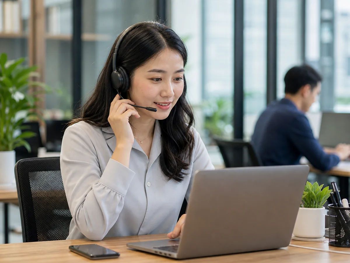 Chuyên viên Việt Nam hỗ trợ khách hàng qua điện thoại và laptop
